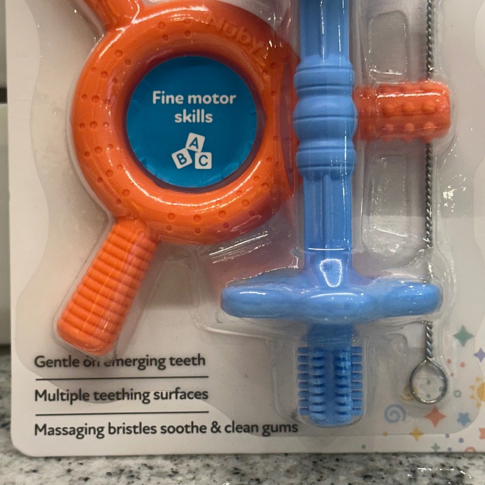 Nuby Kids 3m+ Tube Teethers Blue Orange 100% Silicone Textured Cleaning Brush
